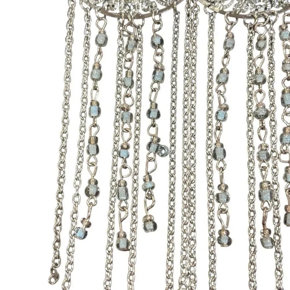 Silver Tone Half Moon Filigree‎ Blue Beaded Long Earrings Chain Fringe Boho NWT